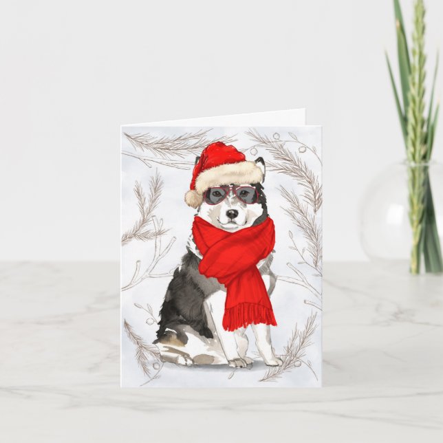Tarjeta Festiva Navidades Malamute Perro y Pinos Botánicos (Anverso)