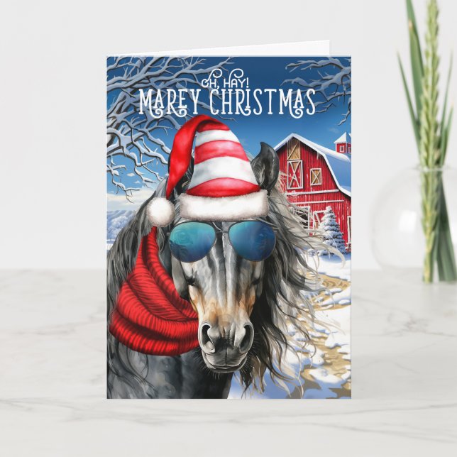 Tarjeta Festiva Navidades MAREy, curiosos de los caballos islandes (Anverso)