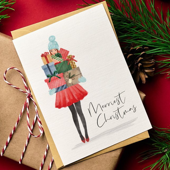 Tarjeta Festiva Navidades más valientes Cute Watercolor Chica pres (Merriest Christmas Cute Watercolor Girl Presents Holiday Card)