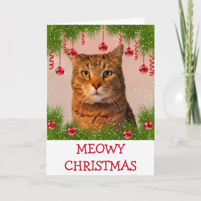 Tarjeta Festiva Navidades Meowy adoran festividades en gato (Anverso)