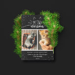 Tarjeta Festiva Navidades Meowy - Collage de fotos de dos gatos<br><div class="desc">Encantadora tarjeta de Navidades blancos y negros con Navidades Meowy escritos con letras blancas a mano,  decorados con orejas y bigotes. Añade dos fotos de tus gatos,  junto con tus nombres y el año. La parte posterior presenta puntos negros contra un fondo blanco de nieve.</div>