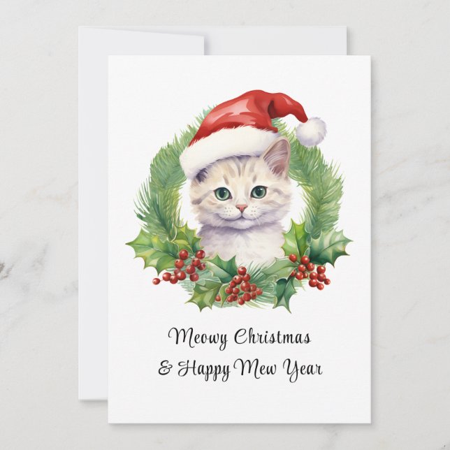 Tarjeta Festiva Navidades Meowy Cuelgan Un Gato Gracioso En Santa  (Anverso)