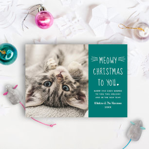 Tarjeta Festiva Navidades Meowy foto Verde azulada de gato diverti