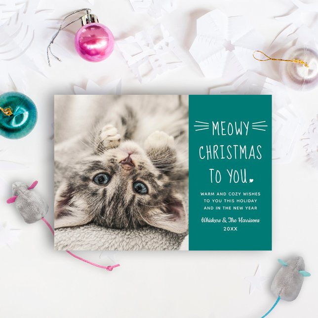 Tarjeta Festiva Navidades Meowy foto Verde azulada de gato diverti (Subido por el creador)