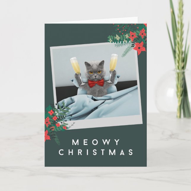 Tarjeta Festiva Navidades Meowy - Gafas de gato y champán Bow Tie (Anverso)