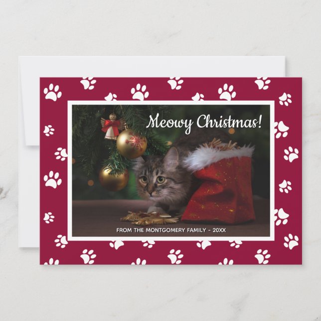 Tarjeta Festiva ¡Navidades Meowy! Imagen de gato de pinta blanca c (Anverso)