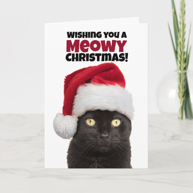 Tarjeta Festiva Navidades Meowy (merry) cuelgan gato negro (Anverso)