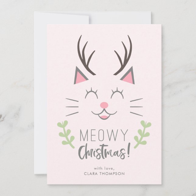 Tarjeta Festiva Navidades Meowy | Navidades Cute Cat Pun (Anverso)