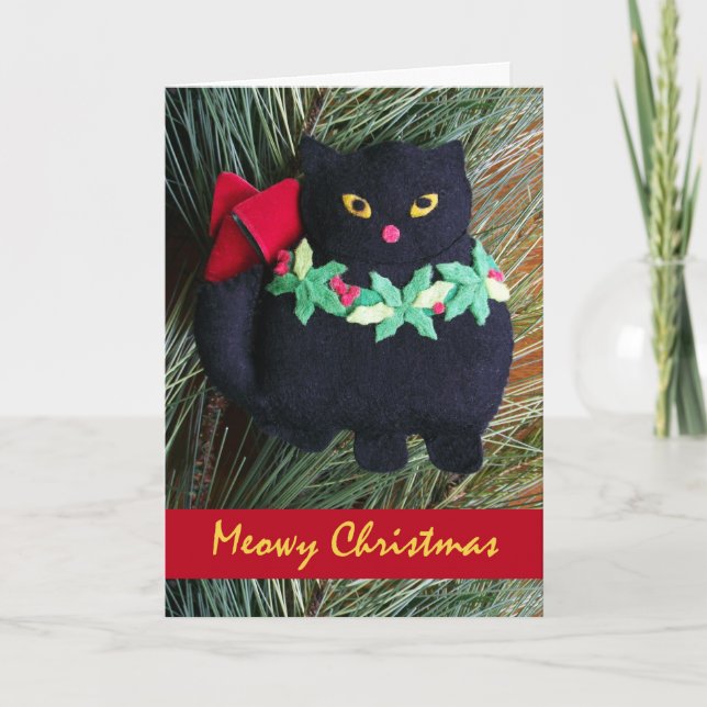 Tarjeta Festiva Navidades Meowy, ornamento de felino negro (Anverso)