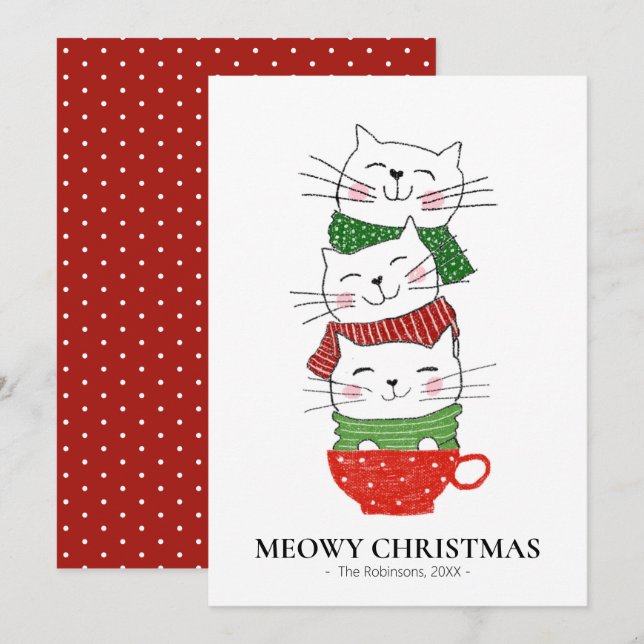 Tarjeta Festiva Navidades Meowy Tres Gatos De Copa Atrapa Divertid (Anverso / Reverso)
