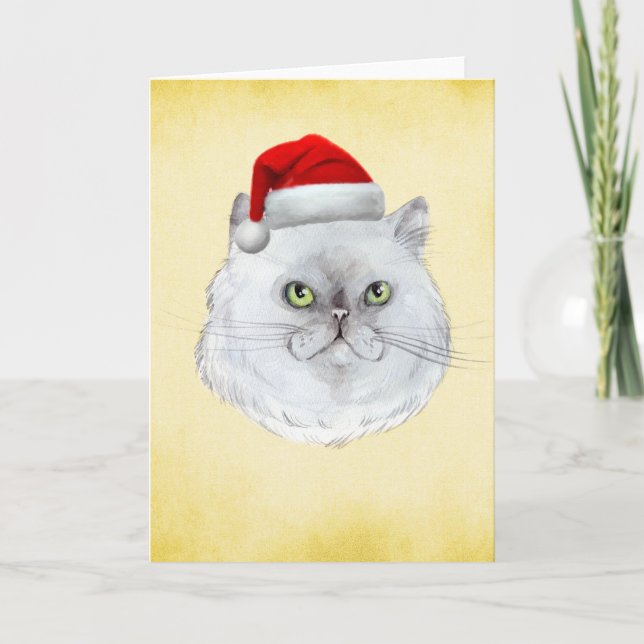 Tarjeta Festiva ¡Navidades Meowy! Un gato lindo con Santa Hat (Anverso)