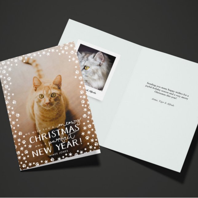 Tarjeta Festiva Navidades Meowy y vacaciones perfectas para el gat (folded cat Christmas holiday and new year greeting card with custom photo and message inside)
