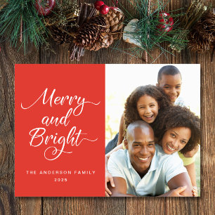 Tarjeta Festiva Navidades Merry Bright Photo White Script
