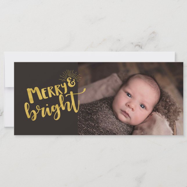 Tarjeta Festiva Navidades Merry Bright Relieve metalizado dorado T (Anverso)