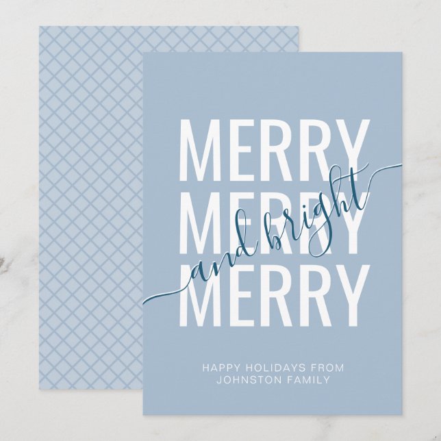Tarjeta Festiva Navidades merry y brillantes damero azul claro (Anverso / Reverso)