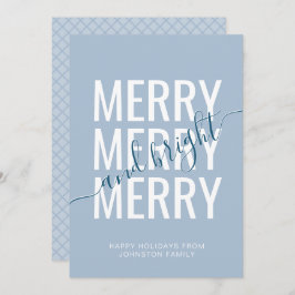 Tarjeta Festiva Navidades merry y brillantes damero azul claro