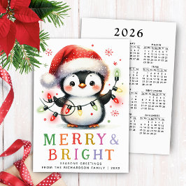 Tarjeta Festiva Navidades merry y brillantes del calendario Pengui