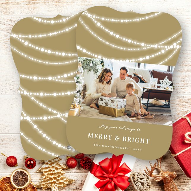 Tarjeta Festiva Navidades merry y brillantes en foto de luces para (Merry & Bright Stylish Christmas Sparkling Lights Photo Modern Holiday Card @ fat_fa_tin)