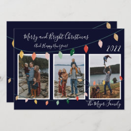 Tarjeta Festiva Navidades merry y brillantes iluminan foto azul os