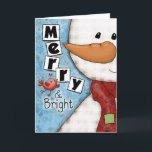 Tarjeta Festiva Navidades merry y brillantes Snowman y pájaro rojo<br><div class="desc">El diseño de este Navidad es una pintura digital mixta que presenta a un lindo muñeco de nieve con un patrón de gingham bajo tono. Lleva una nariz de zanahoria grande y una bufanda roja con un collage de letras y un parche verde cosido en su lugar. Un pájaro rojo...</div>