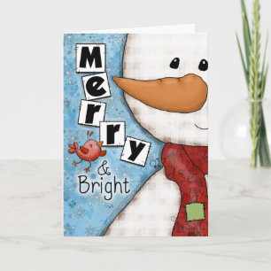Tarjeta Festiva Navidades merry y brillantes Snowman y pájaro rojo