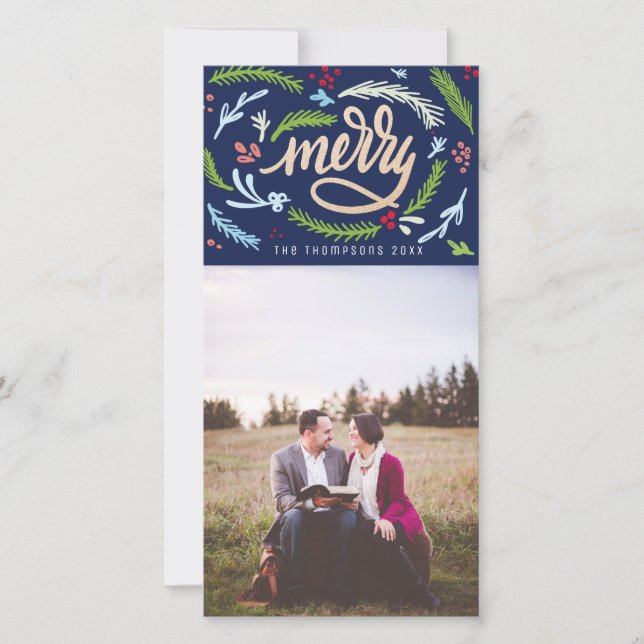 Tarjeta Festiva Navidades Merryscript Faux Gold Purpurina Photo Ca (Anverso)