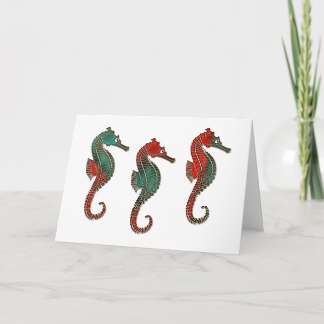 Tarjeta Festiva Navidades metálicos Seahorse Trio (Anverso)