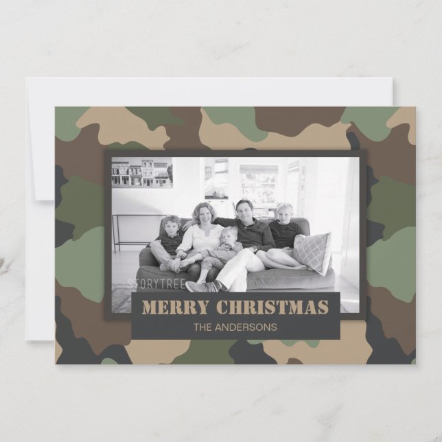 Tarjeta Festiva Navidades militares de Woodland Camo Foto (Anverso)