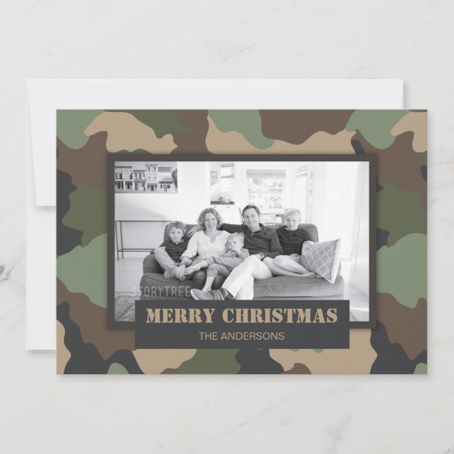 Tarjeta Festiva Navidades militares de Woodland Camo Foto (Anverso)