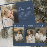 Tarjeta Festiva Navidades minimalistas Elegantes Sencillos 4 Fotoa<br><div class="desc">Celebre la temporada con estilo con la Minimalista tarjeta navideña azul de 4 fotos de Navidades Elegantes. Esta moderna y atemporal tarjeta de vacaciones te permite mostrar cuatro de tus fotos familiares favoritas, con un rico fondo azul marino que evoca la elegancia clásica de la temporada de vacaciones. Diseñada con...</div>