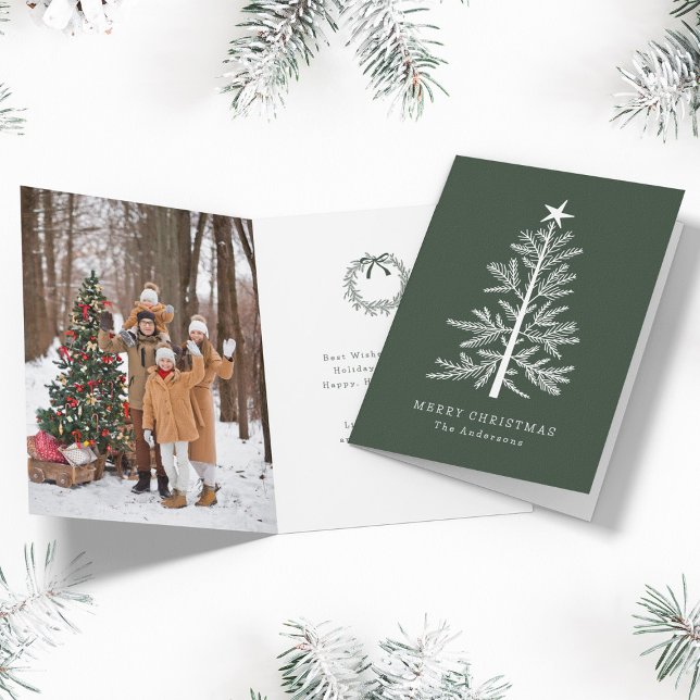 Tarjeta Festiva Navidades Mínimos Verdes Forestales Foto De Árbol  (Front & Inside)