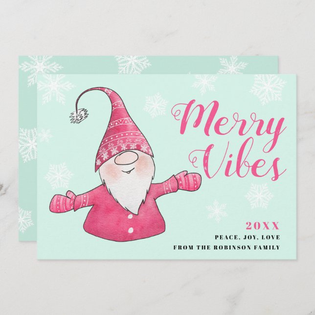 Tarjeta Festiva Navidades Mint Green Pink Cute Gnome Merry Vibes (Anverso / Reverso)