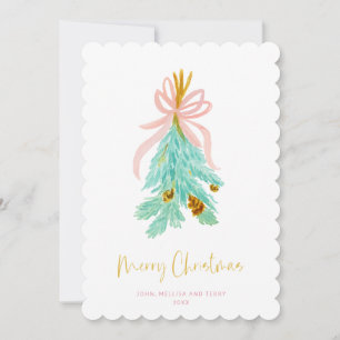 Tarjeta Festiva Navidades Mistletoe del Pastel Pink Farmhouse Chec