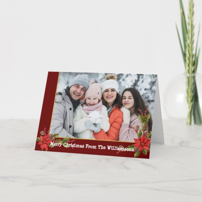 Tarjeta Festiva Navidades MistletoRed Gold Ribbon Photo (Anverso)