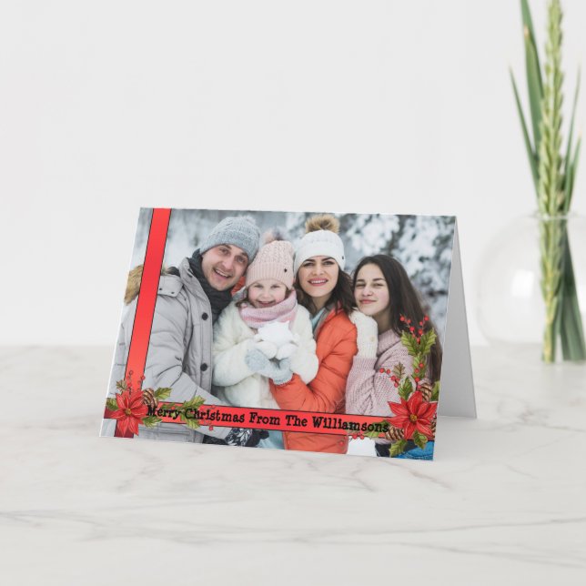 Tarjeta Festiva Navidades MistletoRed Ribbon Frame Photo (Anverso)