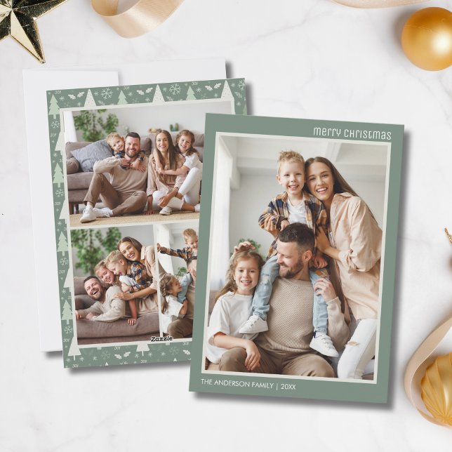 Tarjeta Festiva Navidades Moderno 4 Collage de fotos familiar Sage (Christmas Modern 4 Family Photo Collage Sage Green Holiday Card)
