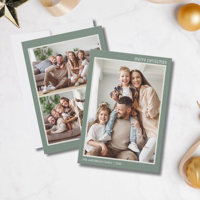 Tarjeta Festiva Navidades Moderno 4 Collage de fotos familiar Sage (Christmas Modern 4 Family Photo Collage Sage Green Holiday Card)