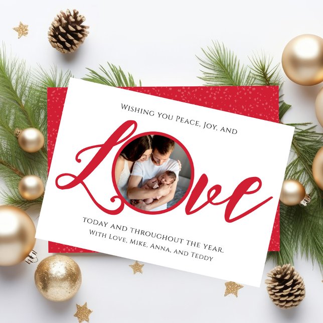 Tarjeta Festiva Navidades Moderno caligrafía de fotografía guión a (Christmas holiday "Love" typography greeting card with photo template. )
