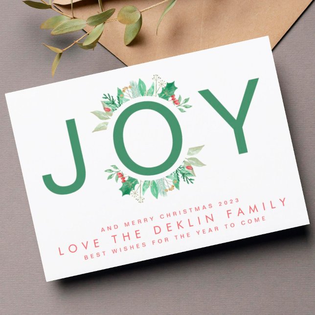Tarjeta Festiva Navidades modernos Botánicos Green JOY Wreath Phot (Subido por el creador)