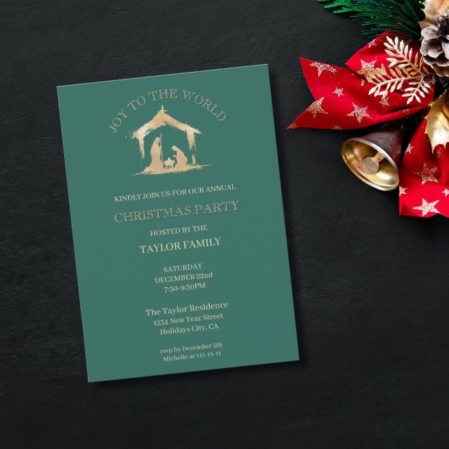 Tarjeta Festiva Navidades modernos cenan Fiesta Natividad religios (religious christmas family party invitation with green background and gold nativity scene)