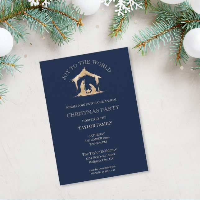 Tarjeta Festiva Navidades modernos cenan Fiesta Natividad religios (modern artistic christmas religious gold nativity scene on the navy blue background)