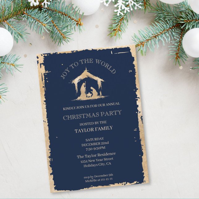 Tarjeta Festiva Navidades modernos cenan Fiesta Natividad religios (modern artistic christmas religious gold nativity scene on the navy blue background)
