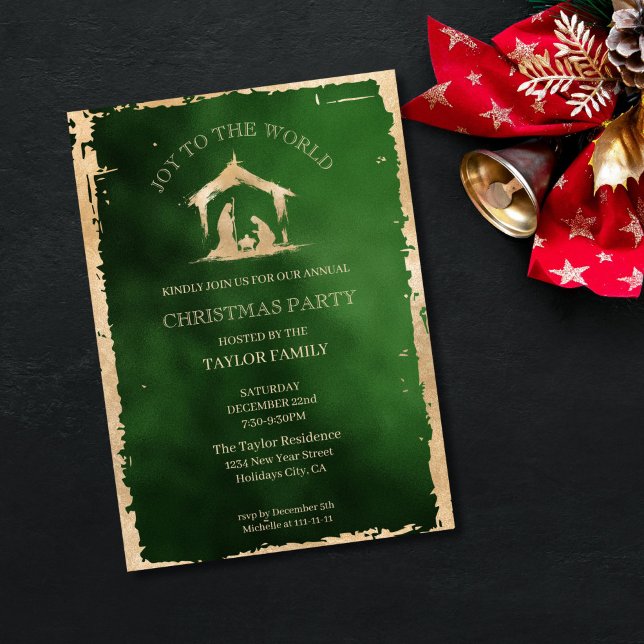 Tarjeta Festiva Navidades modernos cenan Fiesta Natividad religios (gold nativity mery and joseph scene, green background
)