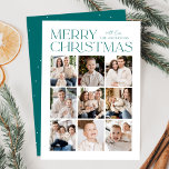 Tarjeta Festiva Navidades modernos Collage de fotos Verde azulado<br><div class="desc">Tarjeta fotográfica navideña moderna con "Feliz Navidad" mostrada en la parte superior del diseño con letras verde azuladas de moda con un fondo blanco. A continuación se muestra un collage de 9 fotos en un diseño de cuadrícula. Personalice la tarjeta de Navidades multifotográficos con su apellido. La tarjeta se invierte...</div>