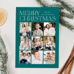 Tarjeta Festiva Navidades modernos Collage de fotos Verde azulado<br><div class="desc">Tarjeta fotográfica navideña moderna con "Feliz Navidad" mostrada en la parte superior del diseño con letras blancas de moda con un fondo verde azulado. A continuación se muestra un collage de 9 fotos en un diseño de cuadrícula. Personalice la tarjeta de Navidades multifotográficos con su apellido. La tarjeta se invierte...</div>