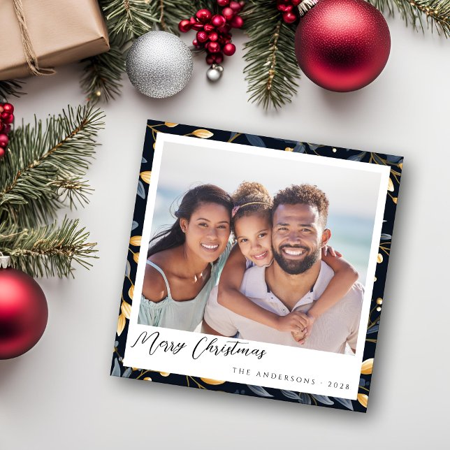 Tarjeta Festiva Navidades Modernos De Azul Y Oro Leaf Square Foto (Elegant Blue and Gold Leaves Square Christmas Card)