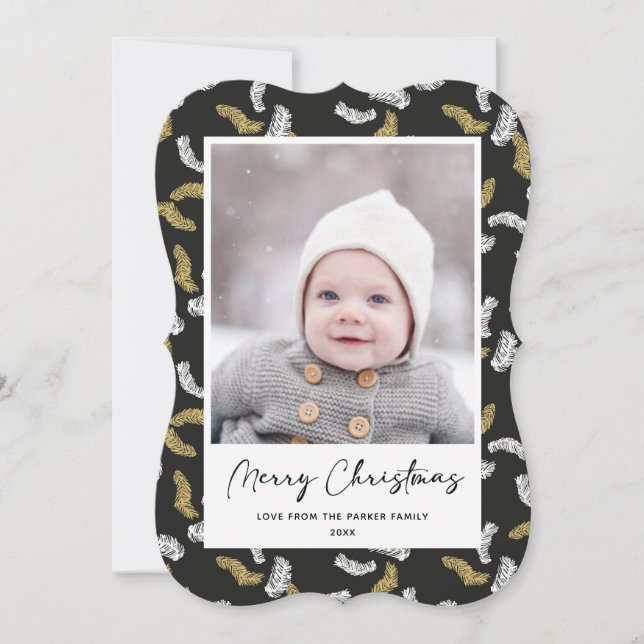 Tarjeta Festiva Navidades modernos de Black Script Gold Pine Mistl (Anverso)