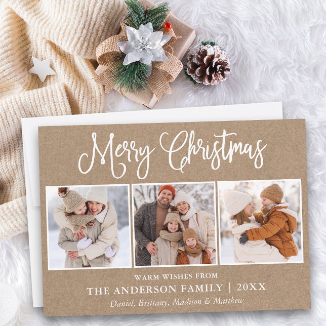 Tarjeta Festiva Navidades modernos de caligrafía divertida 3 Kraft (Customize to add text to back of card.)