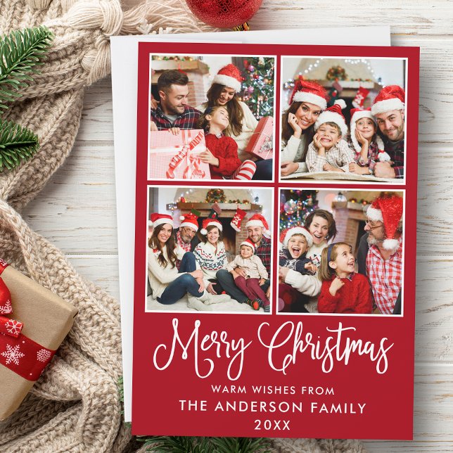 Tarjeta Festiva Navidades modernos de caligrafía divertida 4 fotos (Customize to add text to back of card.)