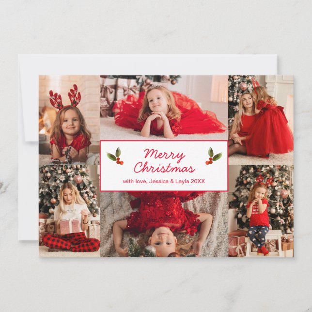 Tarjeta Festiva Navidades modernos de Collage de fotos rojo simple (Anverso)